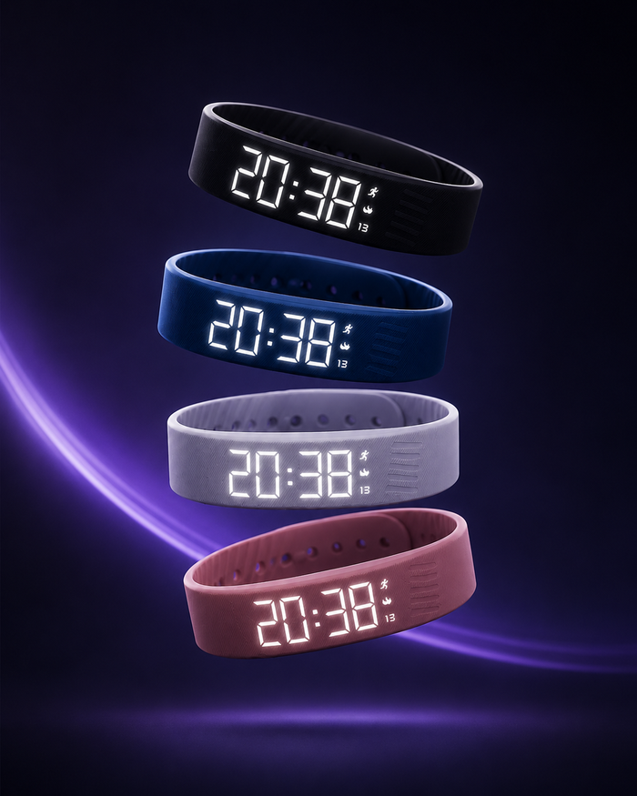 Les 4 coloris du bracelet-reveil Vella, en vol sur un fond nocturne violet